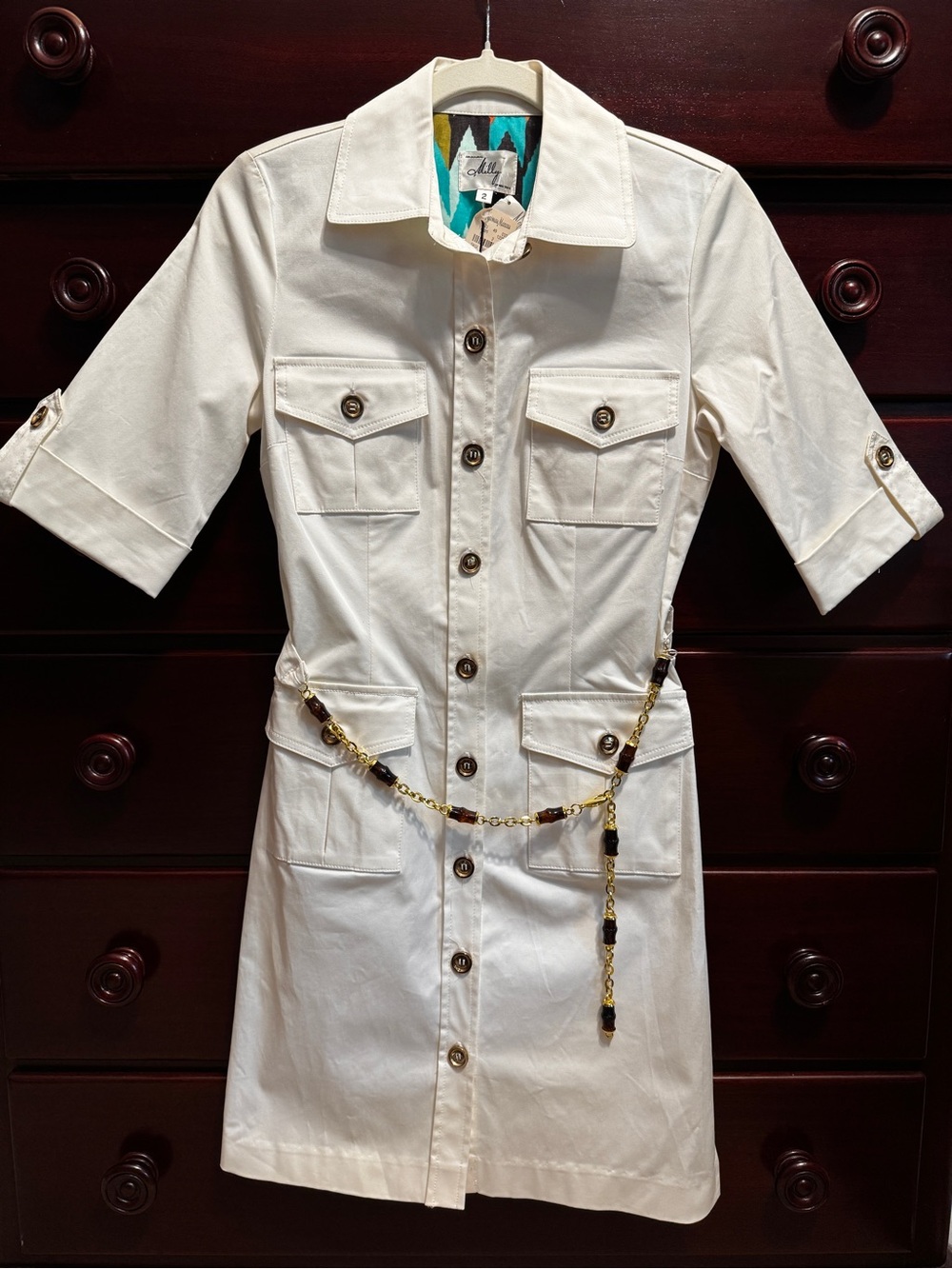 Vintage MILLY of New York White Cargo Utility Shirt Dress with Chain Belt